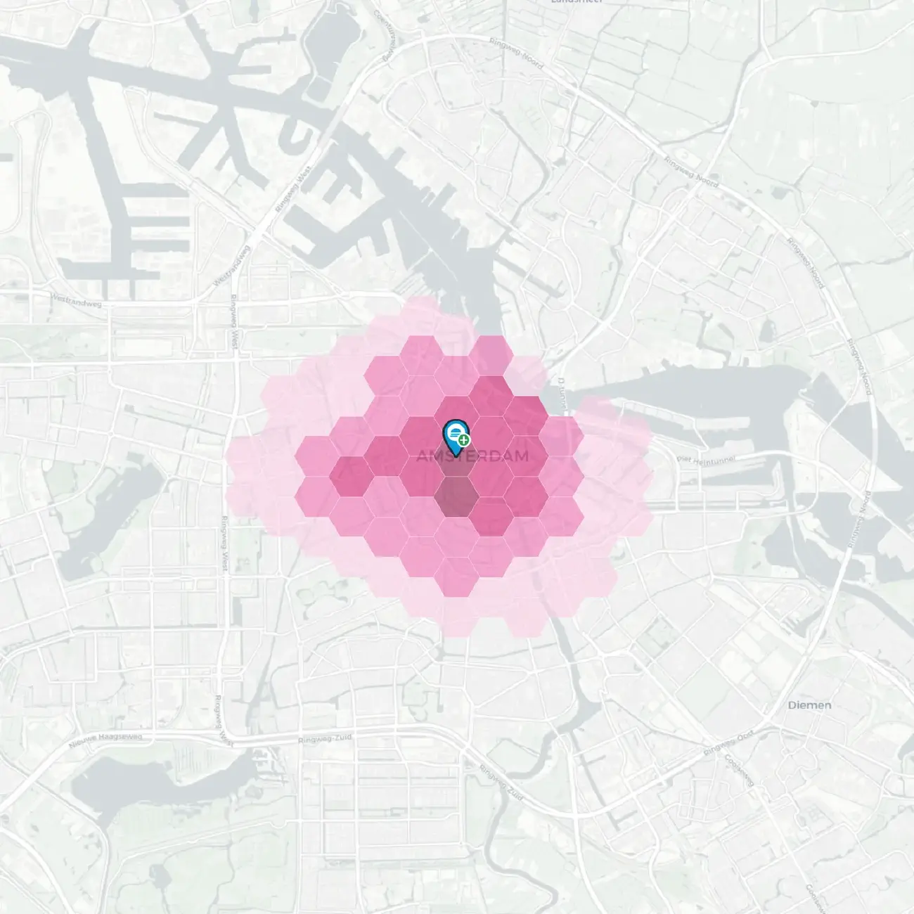 IRIS bike-and-scooter delivery catchment around a candidate Amsterdam site, drawn as travel-time hexes densest at the site and fading outward. Illustrative sample.